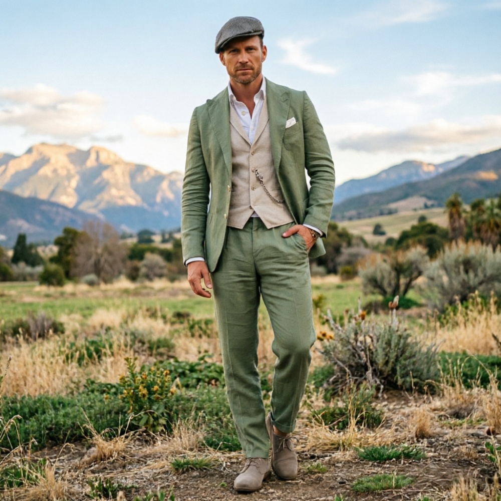 Men Formal Party Wear Outfit - Adaçayı Yeşili Keten Erkek 3 Parça