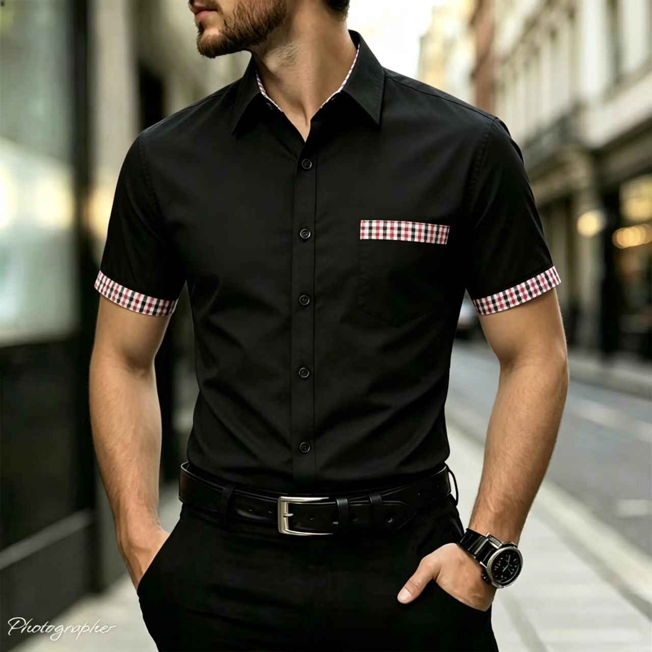 Men Formal Office Wear Shirts - Ekose kenarlı yakalı, dar kesim ve