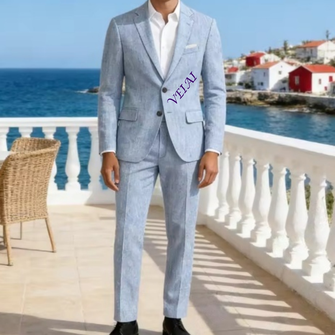 Men'S Formal Wear For A Wedding - Kişiye Özel Yumuşak Gökyüzü Mavisi Keten