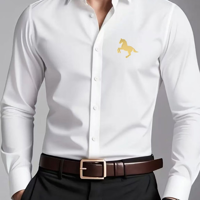 Men Formal Office Wear Shirts - Zarif Altın At Logolu Baskılı Erkek