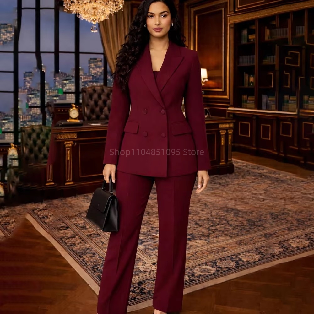 Wool Suit Jacket - Moda şık bordo takım elbise kadınlar