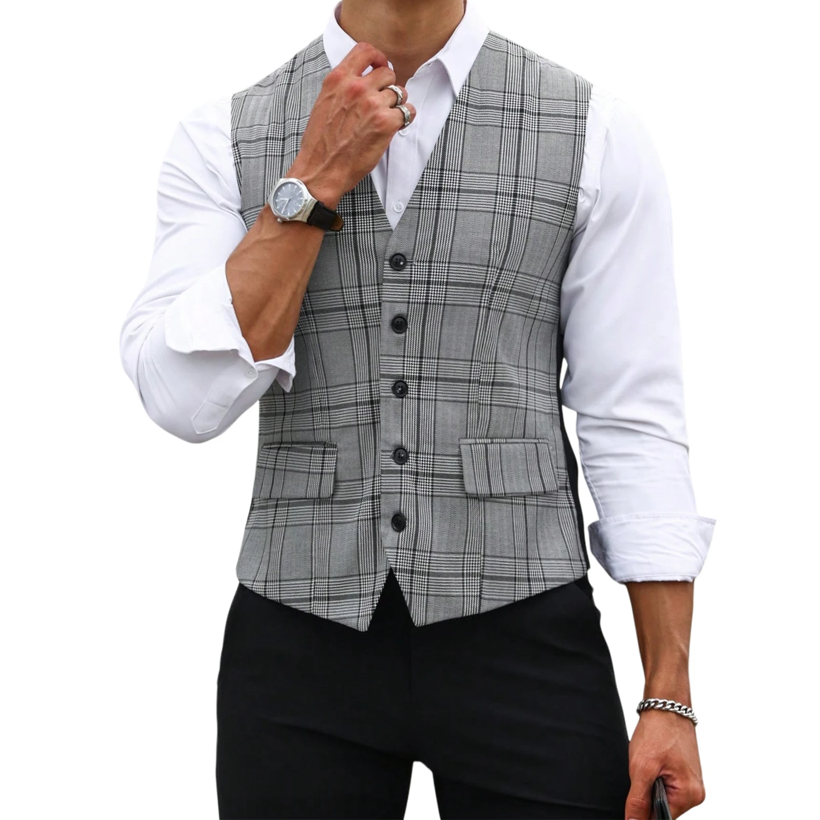 Men'S Used Formal Wear - Erkekler Gri Ekose Takım Elbise Yelek